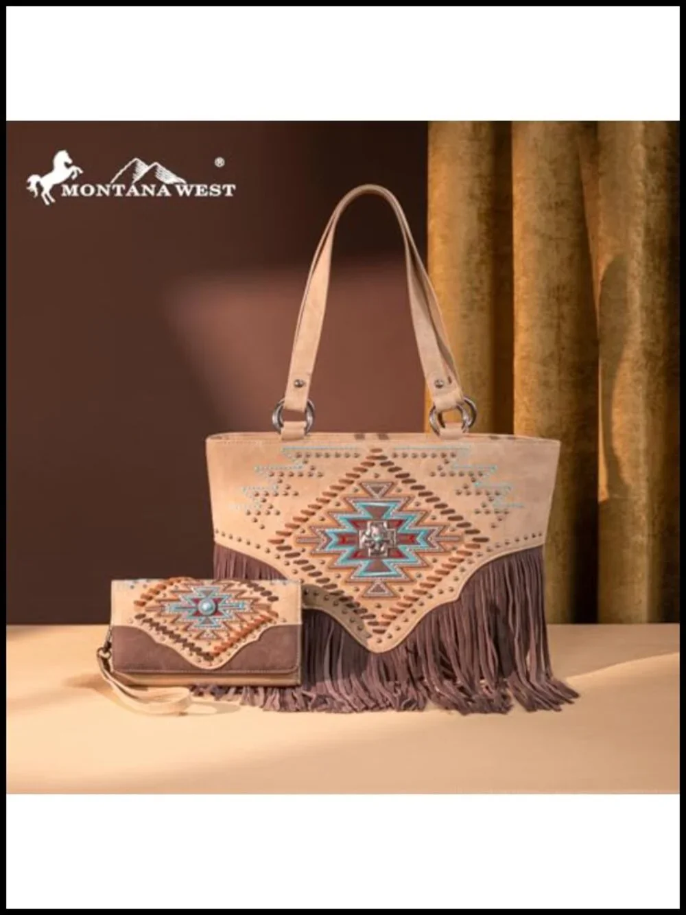 Vegan Leather Western Tote Bag with Wallet Set 2Pcs